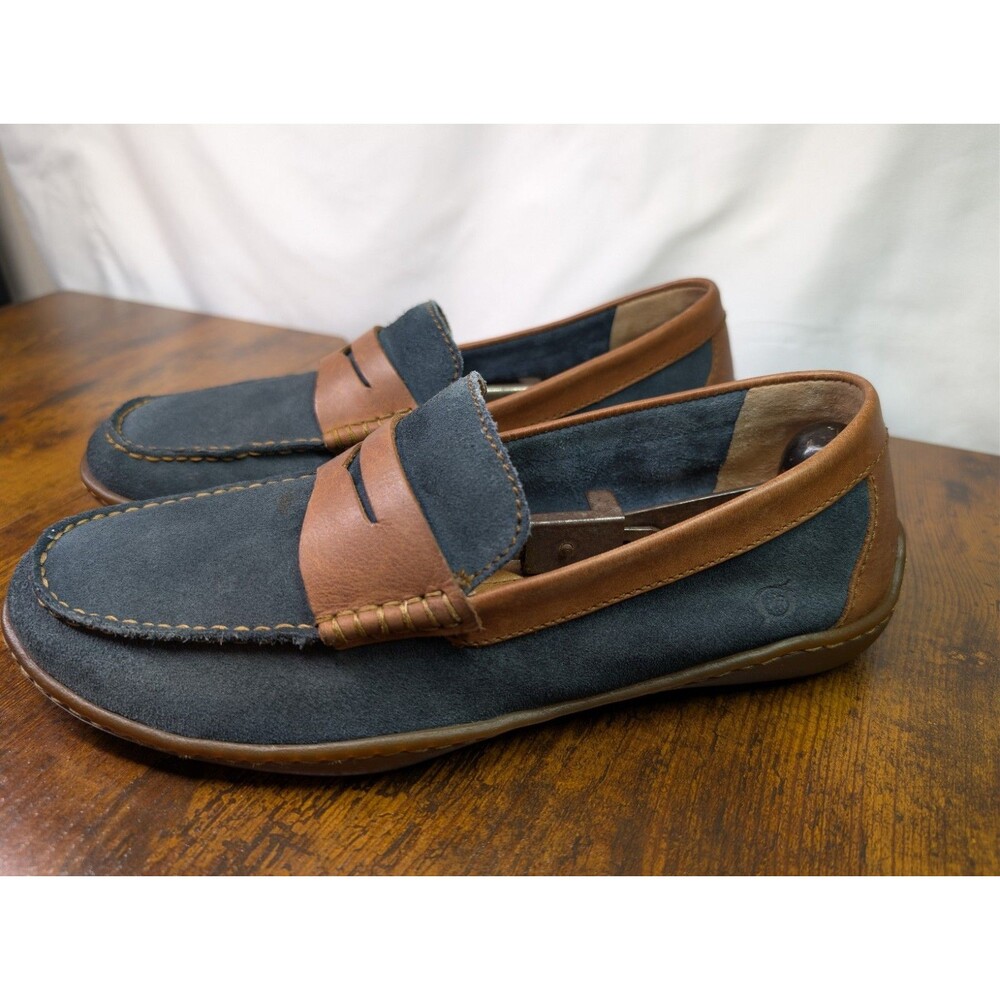 Born Men's Andes Penny Loafers 9 M Navy Blue Brown Leather Slip On Driving Shoes